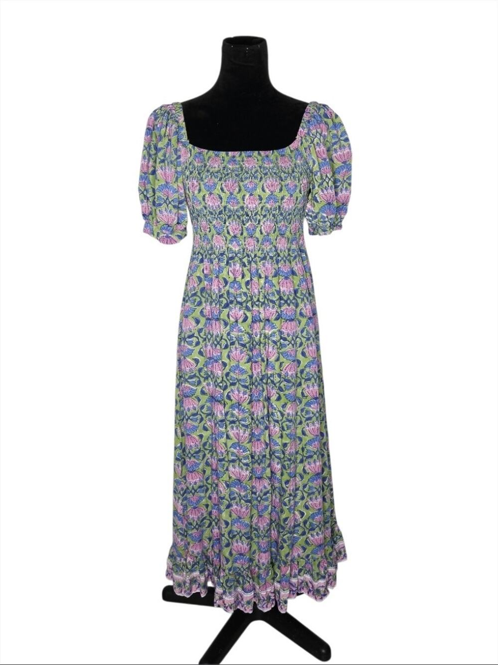 Mary Marshmallow Poppy Long Dress Midi Floral Smocked Puff Sleeve Cottagecore L